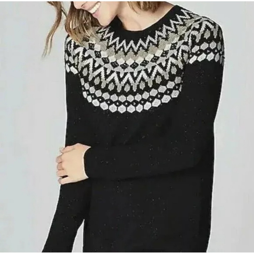J. Jill Black Fair Isle Nordic Crewneck Beaded Metallic Knit Sweater Women's M